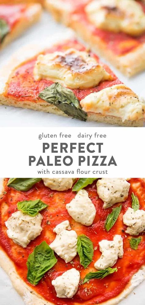 This paleo pizza and dough recipe tastes just like the real thing! Made with almond flour, cassava flour, and yeast, the crust has an airy, chewy texture, and it's surprisingly easy to make. This paleo pizza recipe is topped with a dairy-free fresh mozzarella that melts and stretches! #paleo #glutenfree Dairy Free Pizza Recipe, Paleo Pizza Recipes, Paleo Pizza Crust, Dairy Free Pizza, Paleo Pizza, Pizza Crusts, Paleo Meal Prep, Paleo Bread, Cassava Flour