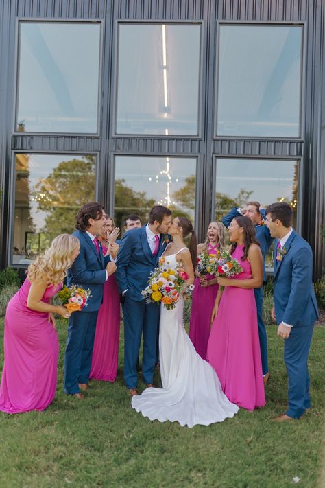 Pink Orange And Blue Wedding Colors, Pink Orange And Blue Wedding, Bright Happy Wedding Colors, Pink Orange Blue Wedding, Blue And Bright Pink Wedding, Blue And Pink Groomsmen, Dusty Blue And Bright Pink Wedding, Hot Pink And Navy Wedding, Hot Pink Bridesmaid Dresses