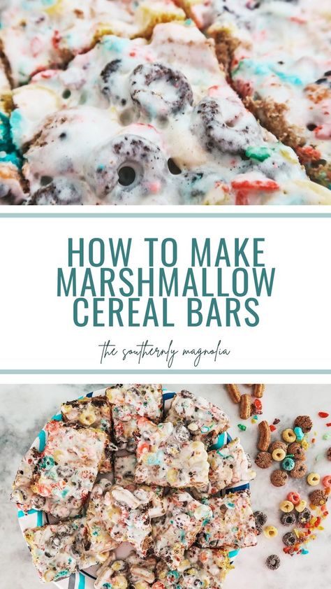 Looking for a way to use leftover stale cereal? Here is a quick and easy marshmallow cereal bar recipe that is delicious and super kid friendly. These marshmallow breakfast cereal bars make for a quick and easy on the go school morning breakfast idea and will last all week as a breakfast meal planning / prepping option! Cereal Breakfast Bars, School Morning Breakfast, Cereal Bar Recipe, Cereal Bars Recipes, Marshmallow Cereal, Cereal Breakfast, Family Friendly Breakfast, Breakfast Cereal Bars, Holiday Baking Christmas