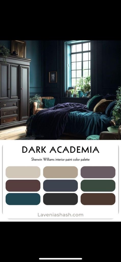 Dark Academia Paint Palette, Gothic Home Paint Colors, Moody Farmhouse Color Palette, Moody Dark Aesthetic, Dark Paint Colors Sherwin Williams, Moody Interior Paint Colors, Moody Home Color Palette, Bedroom Paint Colors Dark, Dark And Moody Color Palette