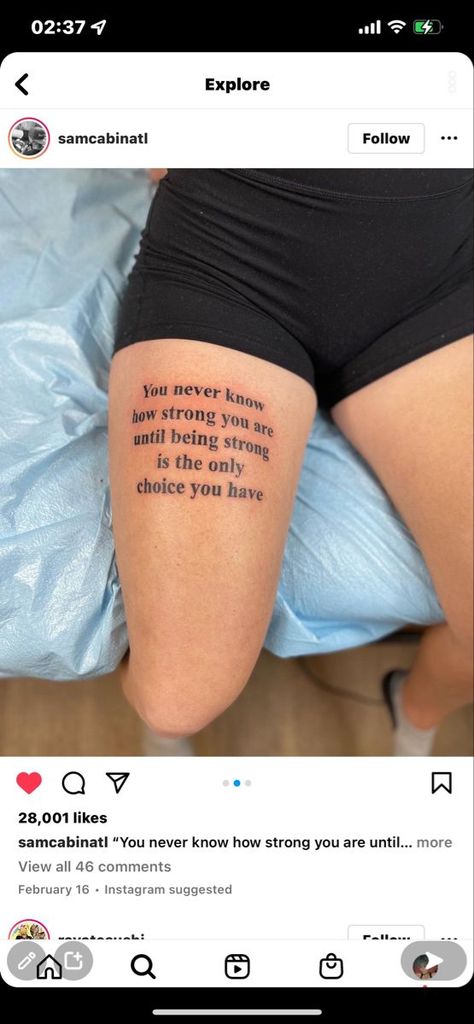 fyee tatt ideaa 💛 |   small tattoos with meaning couples simple High Knee Tattoo, Quote Knee Tattoo, Word Tattoo On Leg, Thigh Saying Tattoos Women, Quad Tattoo Women Quote, Tatttooo Ideas For Women Leg, Leg Text Tattoo, Qoutes Tattoos Woman, Injury Tattoo Ideas