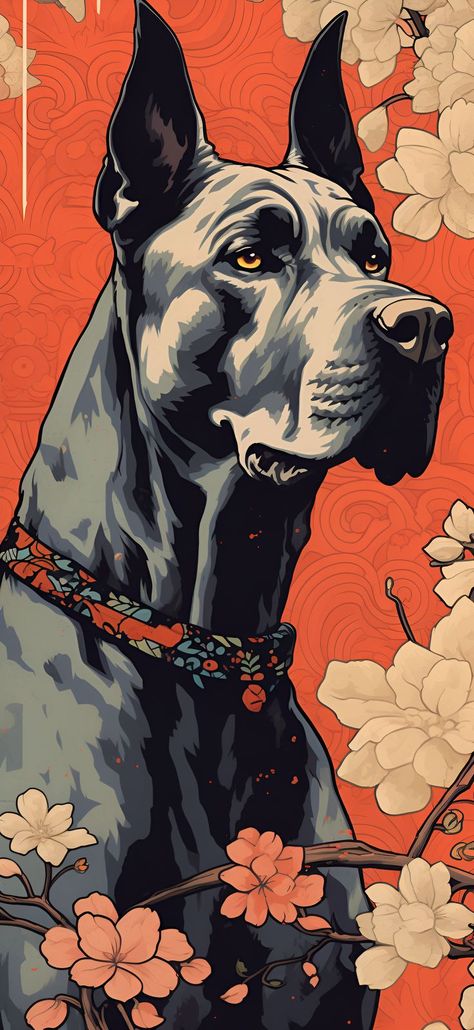 A Ukiyo-E style illustration of a Great Dane looking distinguished with an orange wavy background, ideal for an aesthetic phone wallpaper. Great Dane Wallpaper, Great Dane Aesthetic, Bald Eagle Art, Wavy Background, Unique Wallpapers, Wal Art, Aesthetic Wallpaper Iphone, Goth Wallpaper, Eagle Art