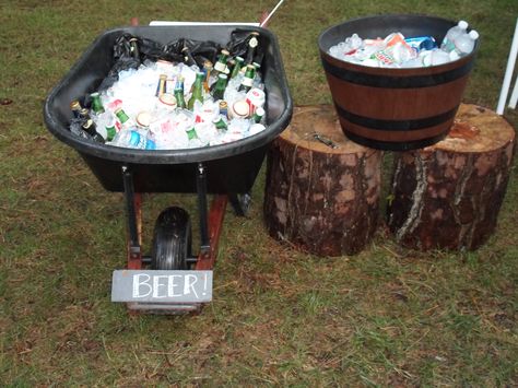 Beer station engagement party wheel barrow Beer Cart, Beer Station, Wheel Barrow, Rock Wedding, Picnic Ideas, Beer Party, Drink Station, June Wedding, 10 Year Anniversary