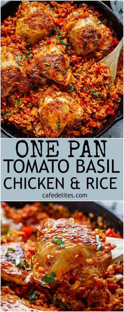 Crispy chicken bakes over a bed of tomato basil rice in this One Pan Tomato Basil Chicken & Rice. Dinner is ready in 45 minutes! All made in one pan | https://cafedelites.com Tomato Basil Rice, Chicken Rice Dinner, Basil Rice, Chicken Bakes, Tomato Basil Chicken, Chicken Rice Recipes, Rice Dinner, Basil Chicken, Chicken And Rice