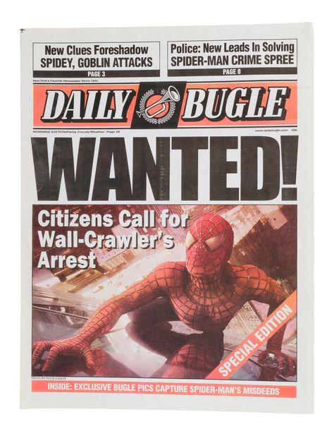 Lot #1537: SPIDER-MAN (2002) - Three Daily Bugle Newspapers The Daily Bugle, Spider Man 2002, Spiderman 2002, Daily Bugle, Tobey Maguire, One Piece World, Film Props, Cloudy Weather, Room Prints