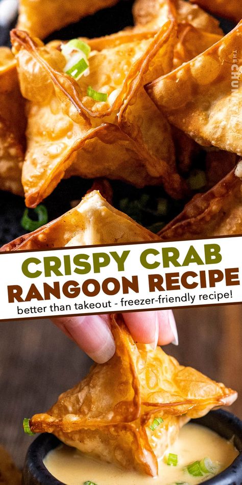 Even better than ordering takeout, this Crab Rangoon recipe is very simple to make, and is such an irresistible appetizer! Crunchy wonton wrappers wrapped around a creamy imitation crab meat filling... perfectly dip-able, and they're freezer-friendly too! Wanton Wrapper Recipes, Crab Rangoon Filling, Crab Wontons, Wonton Wrapper Recipes, Crab Rangoons, Rangoon Recipe, Crab Rangoon Recipe, Food Shrimp, The Chunky Chef