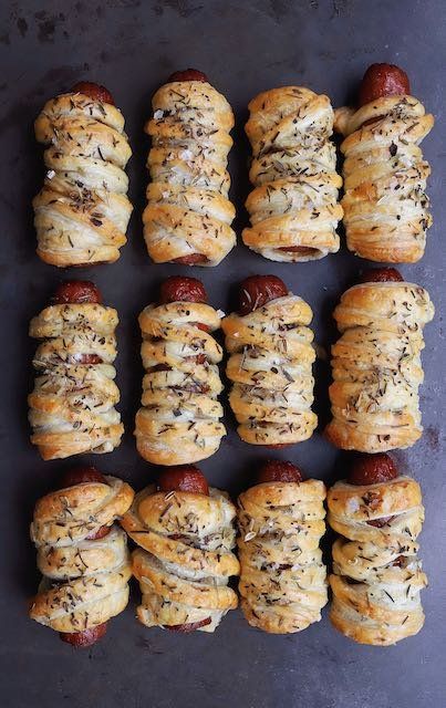 MUMMY HOT DOGS — COFFEE AND CHAMPAGNE Mummy Hot Dogs Puff Pastry, Halloween Bites, Mummy Hot Dogs, Wrapped Hot Dogs, Mummy Dogs, Puff Pastry Dough, Herbs De Provence, Holiday Meals, Pastry Brushes