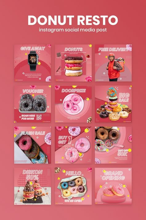 Improve your Donut Resto with delicious and consistent social media design, see the full portfolio, click the link on the title! Graphic Social Media, Social Media Branding Design, Social Media Post Design, Mini Donuts, Template Instagram, Up Book, Social Media Templates, Instagram Social Media, Social Media Branding