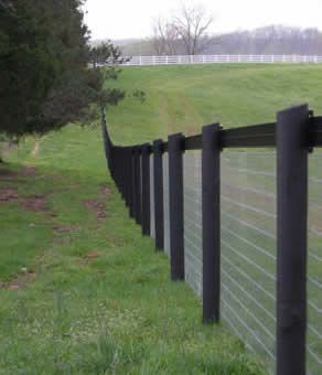 Black post and top rail wire mesh-- gorgeous, keeps everyone on their side of the fence. Pagar Modern, Pasture Fencing, Field Fence, Black Fence, Horse Fencing, Cheap Fence, Types Of Fences, Front Yard Fence, Farm Fence