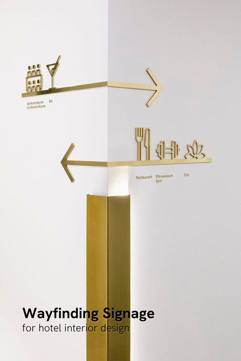 Gold Metal Wayfinding Signage for hotel amenities navigation in a sleek, modern font Hotel Signage, Wayfinding Signage Design, Office Signage, Wayfinding Signs, Wayfinding Design, Signage System, Environmental Graphic Design, Wayfinding Signage, Design Hotel