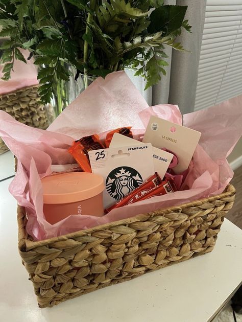 #gift #pink #girly #starbucks Sephora Gift Basket Ideas, Pink Theme Gift Basket, Pink Christmas Basket Ideas, Friendmas Gift Ideas, Goodie Bag Ideas For Adults Work, Co Worker Birthday Gift Ideas, Pick Me Up Gift Ideas For Friends, Pink Basket Gift Ideas, Starbucks Gift Ideas