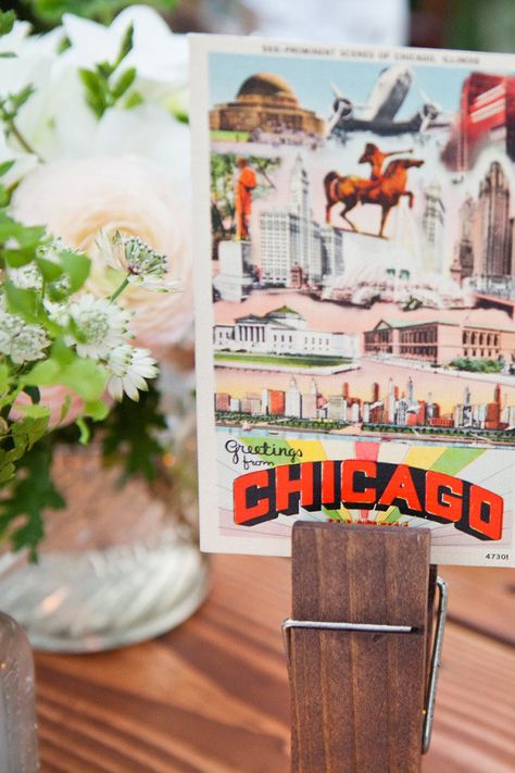 Vintage Postcards turned into fun and easy table names  Photography by http://llanesweddings.com,  - love the oversized clothespeg Postcard Wedding Table Numbers, Postcard Table Numbers, Island Names, Chicago Postcard, Southern Style Wedding, Table Number Place Cards, Easy Table, Vintage City, Malibu Wedding