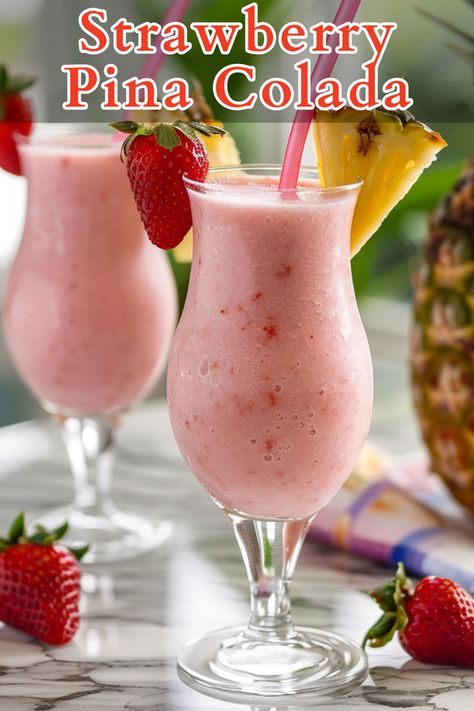 Strawberry Pina Colada is a delightful twist on the classic tropical cocktail that combines the sweet flavors of strawberries with the creamy richness of coconut and the tangy zest of pineapple. Strawberry Pina Colada Recipe, Strawberry Pina Colada, Summer Rum Cocktails, Pina Colada Cocktail Recipe, Dark Rum Cocktails, Rum Cocktails Easy, Pina Colada Cocktail, Cocktails To Make At Home, Pina Colada Recipe