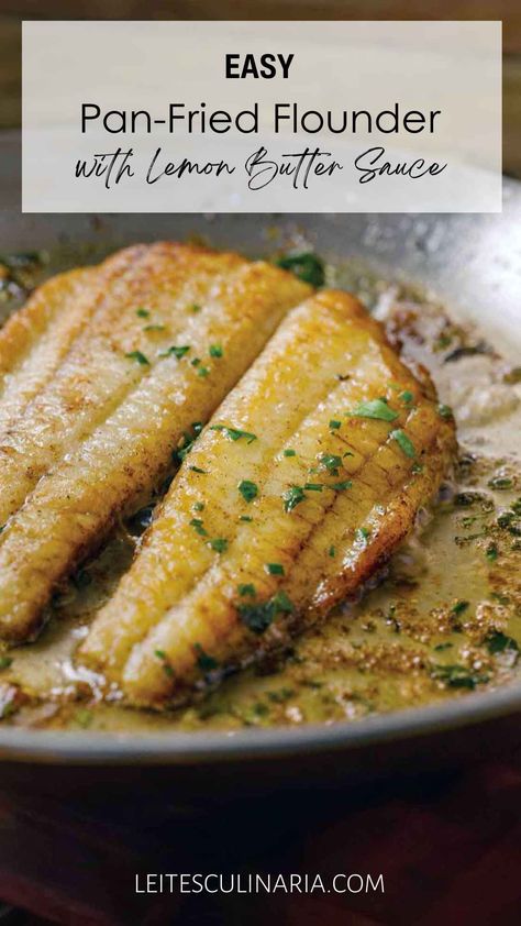 This easy pan-fried flounder with lemon butter sauce is a quick weeknight meal that you can make on your stovetop. For this simple flounder recipe, the fish is pan-fried until crispy, then finished with butter and lemon juice. Bon appetit! Sauce For Flounder, Best Flounder Fish Recipes, Pan Fried Flounder Recipes, Flounder Fish Recipes Healthy, Best Flounder Recipe, Keto Flounder Recipes, Low Fodmap Fish Recipes, Swai Fillet Recipes Pan, Fried Flounder Recipes