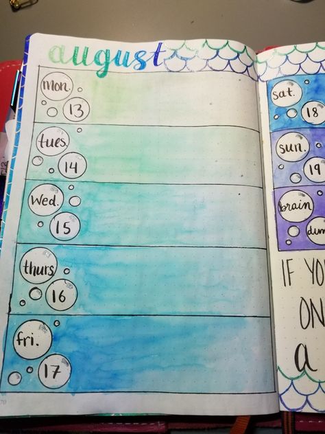 Mermaid watercolor bullet journal weekly spread #leuchtturm1917 #tombowusa #bujo #bulletjournal #bujomonthly #bujoweekly #planner #watercolor #mermaid Bujo Seashell Theme, Mermaid Journal Ideas, Pool Bullet Journal, Jellyfish Bullet Journal, Mermaid Bullet Journal, Watercolor Mermaid, Bullet Journal Weekly Spread, Weekly Spread, The Little Mermaid