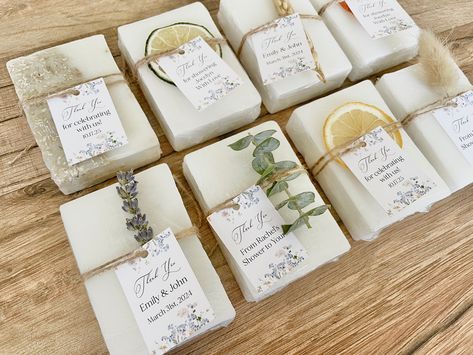 This listing is for a set of 10 personalized handmade soap bars made with a glycerin soap base and essential oils. These soap bars make great unique bridal shower favors for guests or baby shower soap favors. The soap bars are wrapped in clear cellophane and the personalized tag is attached with twine. These bulk wedding favors can be mixed and matched with any scent / add on. Don't hesitate to ask any questions :) Follow my Instagram account @forestsfavors for information on new items and promo Bridal Shower Favors For Guests, Baby Shower Soap Favors, Unique Bridal Shower Favors, Lavender Sprigs, Glycerin Soap Base, Bridal Shower Inspo, Bulk Wedding Favors, Lemon Soap, Soap Ideas