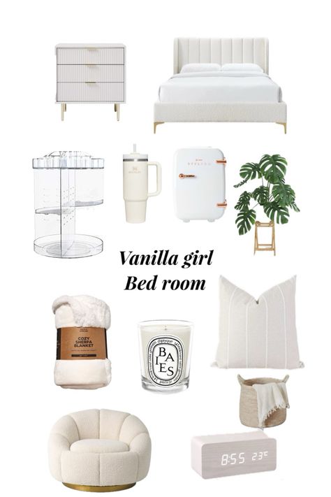 Vanilla girl bed room, aethetic room decor, soft colors, with a bed, side table,plants, mini fridge, comfortable chair, soft blanket, vanilla candel Vanilla Bedroom, Vanilla Girl Bedroom, Vanilla Girl Room, Vanilla Room, Room Decor Essentials, Clean Girl Room, Vanilla Aesthetic, Room Wishlist, Beige Room