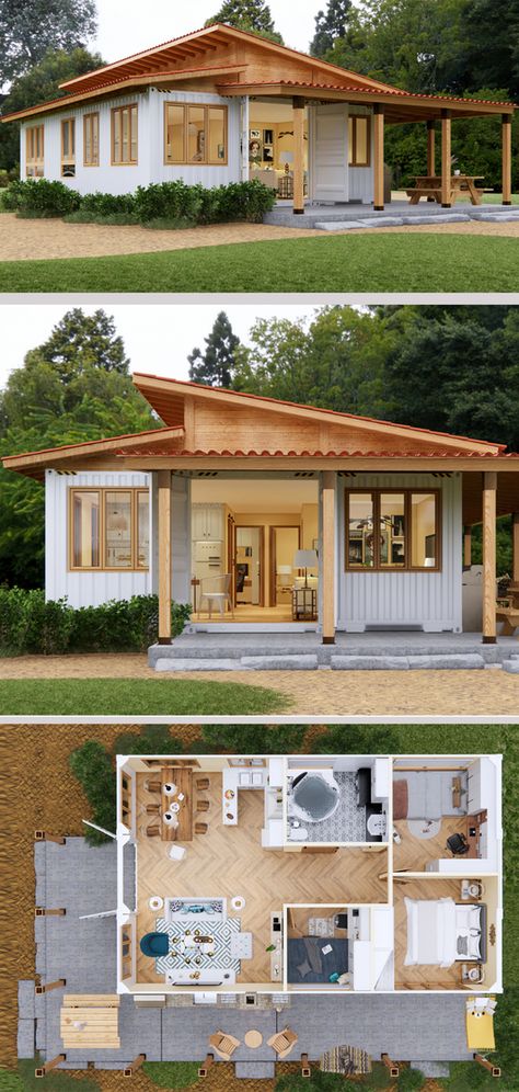 Wonderful 3 Bedroom Container House Design with Three 40 ft High Cube Shipping Containers Container House Design 3 Bedrooms, 40ft Container House, Agro Tourism, Low Budget House, Small Cottage House Plans, Shipping Container House Plans, Building A Container Home, Container Architecture, Container House Plans