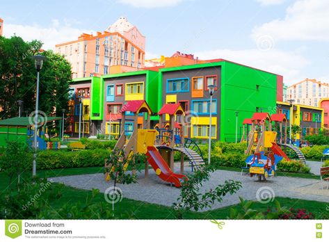 Photo about Modern, Fun and Colorful Kindergarten School Building. Image of bright, colors, detail - 72364693 Daycare Exterior, Start A Daycare, Opening A Daycare, School Layout, Child Care Center, Daycare Decor, Construction Signs, Layout Plan, Building Costs