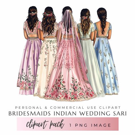 A clipart image featuring a stunning back view of a bride dressed in a gorgeous pink lehenga, surrounded by her bridesmaids in soft, pastel-colored sarees. Bride And Bridesmaid Illustration, Bride In Pink Lehenga, Pastel Sarees, Desi Illustration, Pastel Clipart, Bridesmaid Indian, Pakistan Bride, Indian Wedding Sari, Pastel Bridesmaids