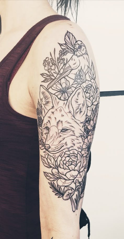 Fox Upper Arm Tattoo, Shin Animal Tattoo, Fox And Bird Tattoo, Fox Arm Tattoo, Wildlife Tattoo Women, Fox And Flowers Tattoo, Woodland Tattoo Sleeve, Strip Tattoo, Woodland Tattoo