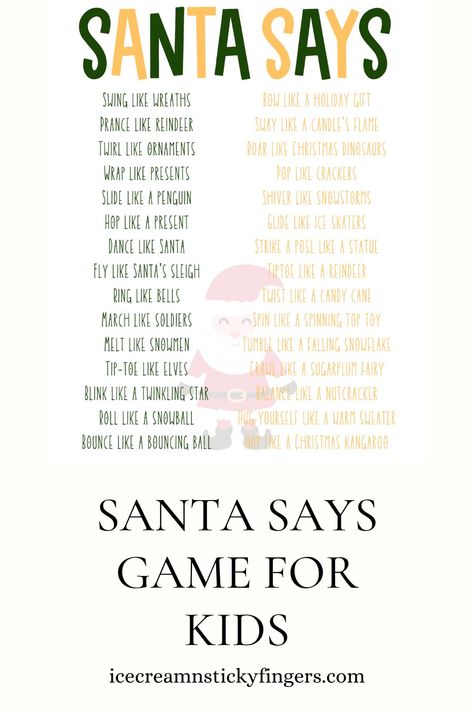 Santa Says Game for Kids - Ice Cream n Sticky Fingers Santa Says Game For Kids, Santa Says Game, Santa Says, Santa Games, Christmas Games To Play, Spinning Top Toy, Fun Christmas Games, Christmas Games For Family, Mom Ideas