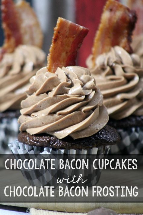 Chocolate bacon cupcakes with chocolate bacon frosting. Easy from scratch recipe. Bacon Cupcakes Recipe, Homemade Cupcake Recipes, Chocolate Covered Bacon, Salty Desserts, Bacon Cupcakes, Fun Cupcake Recipes, Coconut Dessert, Chocolate Bacon, Easy Cupcake Recipes