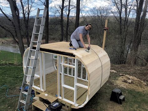 Habitat: Camper-Style Playhouse | Kids VT | Seven Days | Vermont's Independent Voice Camper Playhouse Diy, Diy Playhouse Outdoor, Camper Playhouse, Polka Dot Curtains, Outdoor Play Structures, Small Bungalow, Playhouse Plans, Diy Playhouse, Diy Camper Remodel