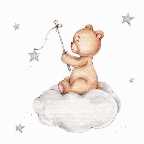 Baby Shower Sweets Table, Sitting On Cloud, Teddy Bear Poster, Neutral Baby Room, Teddy Bear Sitting, Nursery Drawings, Nursery Space, Bear Poster, Teddy Bear Nursery