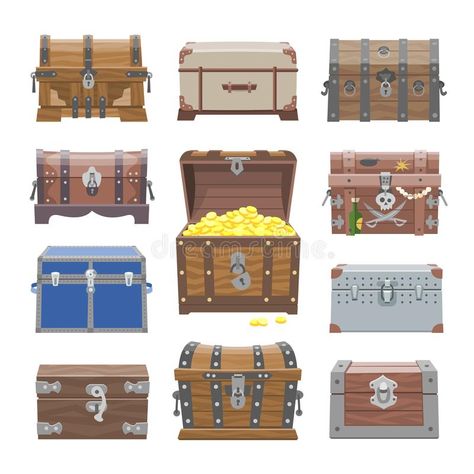 Chest vector treasure box with gold money wealth or wooden pirate chests with golden coins illustration set of closed royalty free illustration Pirates Gold, Golden Coins, Wooden Container, Dinosaur Silhouette, Kids Cartoon Characters, Diamond Vector, Golden Key, Golden Coin, Box Icon