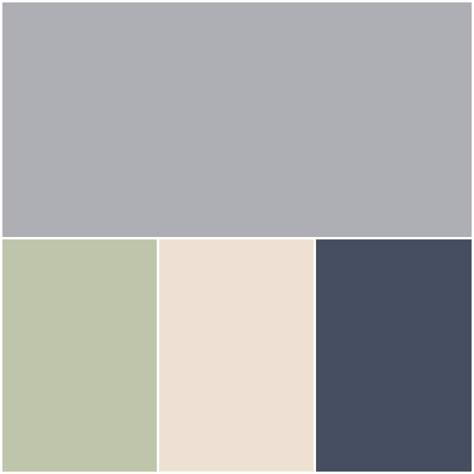 Guest Color Palette: Grey Timber Wolf, Sage, Cream Puff, Dark Navy Grey Green Cream Color Schemes, Navy Olive Grey Color Palette, Gray Navy Sage Bedroom, Navy Green Grey Bedroom, Blue Green And Cream Bedroom, Navy Green Beige Color Scheme, Sage Navy And Cream Bedroom, Navy Sage Nursery, Sage Grey And Navy Living Room