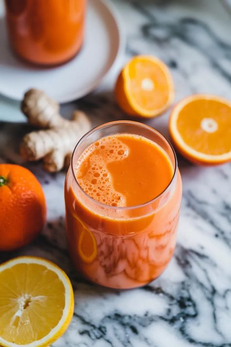 A photo of a  Orange Carrot Detox Juice a Detox drinks Carrot Detox Juice, Healthy Carrot Juice Recipes, Hangover Juice, Alkaline Drinks, Juicing Oranges, Turmeric Detox Drink, Cleanse Your Gut, Cold Pressed Juice Recipes, Carrot Ginger Juice