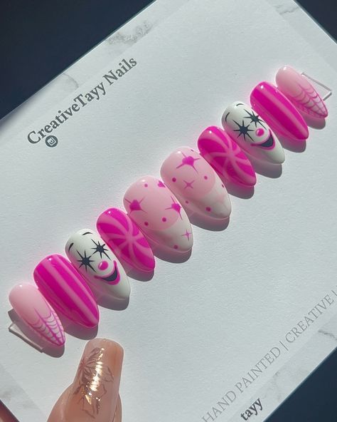 Pink clown nails🩷🤡🕸️ Second year I get to make my customers Halloween nails and I’m sooo honored!!🥹 she completely customized her nail set from sizing, shape of choice, down to the design! Swipe to see the sketch she made💘 DM to get your spooky sets💅🏻 #clownnails #funkynails #pressons #pressonnails #handpaintednails #pinknails #halloweenails #spookynails #spookynailart #thepressoncollective #explorepage Spooky Sets, Clown Nails, Circus Nails, Pink Clown, Nails Pink, Funky Nails, Halloween Nails, Pink Nails, Press On Nails