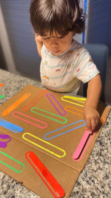 Preschool Marker Activities, Montisorri Toddler Activity, Toddler Cardboard Box Activities, Activity Boxes For Preschoolers, Toddler Activities 2-3 Yrs Old, Toddler Cardboard Crafts, Preschool Popsicle Stick Crafts, Toddler Activities With Popsicle Sticks, Last Minute Preschool Activities