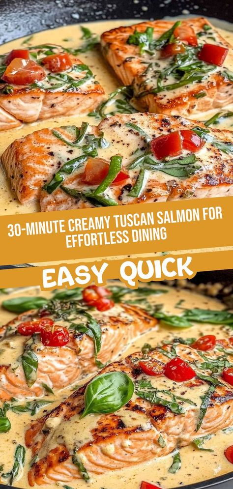 Enjoy effortless dining with this 30-Minute Creamy Tuscan Salmon recipe! Perfect for those hectic weeknights, this dish delivers a luxurious meal without the fuss. Tender salmon fillets are cooked in a rich, creamy sauce featuring fresh spinach and sun-dried tomatoes, making it a nutritious and satisfying option. With easy steps and minimal cleanup, you can focus on what matters most—spending time with loved ones while enjoying a delicious meal that feels like a treat any night of the week! Creamy Tuscan Salmon, Tuscan Salmon Recipe, Tuscan Salmon, Spending Time With Loved Ones, Comfort Casseroles, Quick And Easy Dinner Recipes, Fresh Spinach, Recipes Family, Salmon Recipe