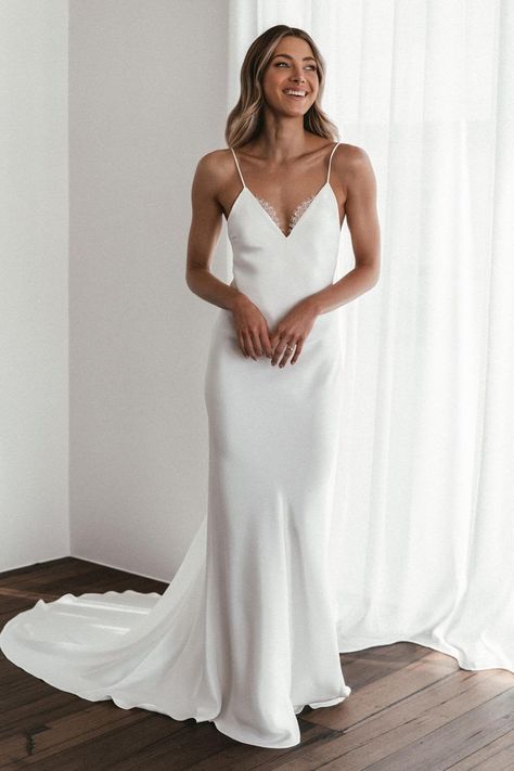 sustainable wedding dresses, eco-friendly bridal brands, ethical bridal brands Grace Loves Lace Summer wedding dress Simple Backless Wedding Dress, Mermaid Bride Dresses, Sustainable Wedding Dress, Simple Bridal Gowns, Summer Gowns, Bridal Gowns Vintage, Silk Wedding Dress, White Wedding Dress, Backless Wedding