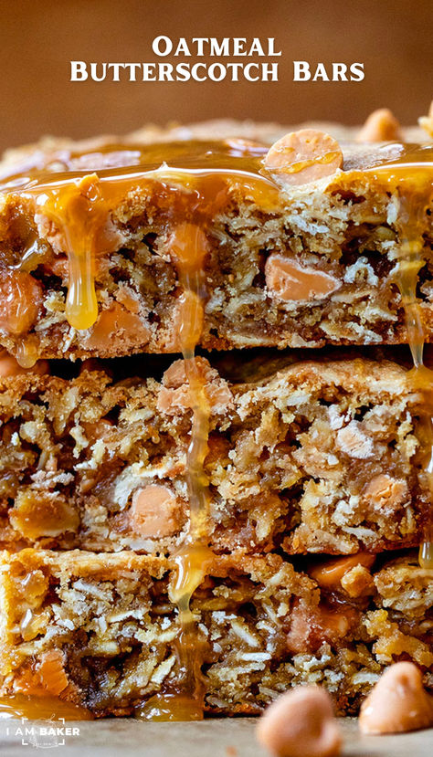 Oatmeal Butterscotch Bars are filled with hearty oats and butterscotch chips, then baked and drizzled with butterscotch sauce for even more flavor. Bars With Butterscotch Chips, Butterscotch Layered Dessert, Christmas Butterscotch Cookies, Trisha Yearwood Butterscotch Bars, Butterscotch Morsel Recipes, Butterscotch Dessert Recipes, Oatmeal Butterscotch Bars, Butterscotch Desserts, Oatmeal Butterscotch