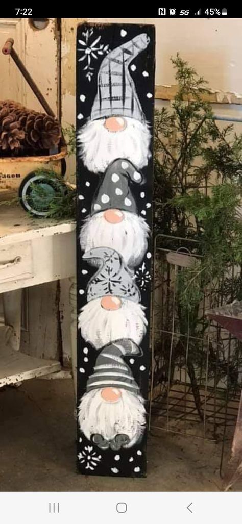 How To Paint Gnomes On Canvas, Christmas Porch Signs Wood Diy, Gnome Painting Canvas Diy, Wood Gnomes Diy, Wooden Board Painting Ideas, Gnome Wood Sign, Porch Boards, Christmas Paintings On Canvas, Christmas Signs Wood