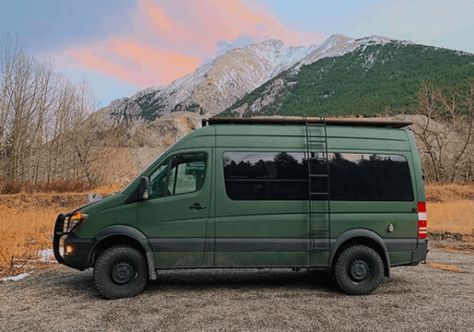 Sprinter Van Aesthetic, Van Life Exterior Paint, Van Conversion Exterior, Van Exterior Paint Ideas, Van Painting Ideas, Cheap Van Conversion, Passenger Van Conversion, Green Camper Van, Miller Montgomery