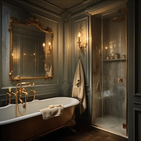 Parisian Bathroom Design - 22 Ways To Achieve An Elegant Aesthetic - Edward George French Interior Design Bathroom, Luxury Country Bathroom, Fireplace In Bathroom Ideas, Bathroom In Bedroom Ideas, Realistic Bathroom Ideas, French Colonial Style Interior, Moody Vintage Bathroom, Old Money Bathroom, En Suite Ideas