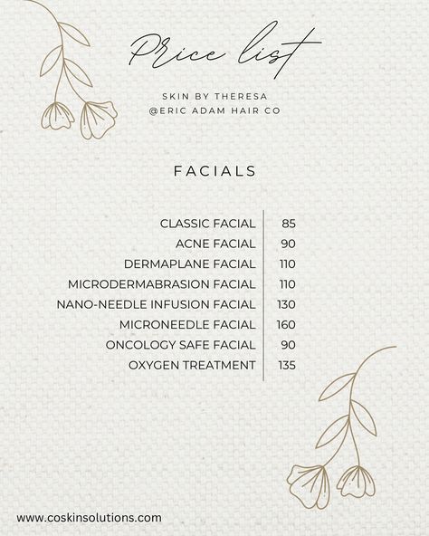 ✨Service and price list!✨ 🗓️ Click on the link in my bio to view service descriptions and to schedule your appointment. #Skincare #Waxing #Facials #Microneedle #ChemicalPeel #Microdermabrasion #Dermaplane #GlymedPlus #Selfcare #Esthetician #COesthetician #LittletonSkincare #LashLiftAndTint #LashLift #Eyebrows #PriceList Esthetician Services, Facial Esthetician, Esthetician School, Microdermabrasion Facial, Salon Life, Acne Facial, Spa Design, Holistic Lifestyle, Chemical Peel