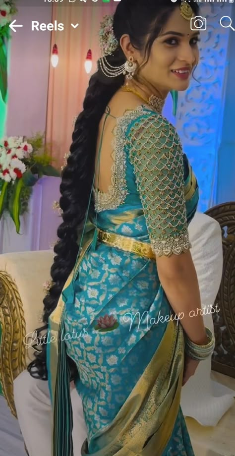 Bridal Blouse Designs For Engagement, Wedding Saree Blouse Designs Back, Latest Maggam Work Designs 2024, Blue Pattu Saree Wedding, Engagement Blouse Designs Indian, Latest Bridal Blouse Designs 2024, Blue Saree Blouse Designs, Reception Blouse Design For Bride, Pattu Sari Blouse Designs Latest