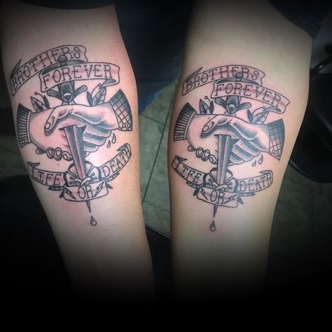 Cool Brother Tattoos, Brothers In Arms Tattoo, Bro Matching Tattoos, Brothers Never Let Go Tattoo, Big Brother Tattoo Memorial, Twin Tattoos Brothers, Brothers Matching Tattoos, Brother And Brother Tattoos, Never Leave My Brother Tattoo