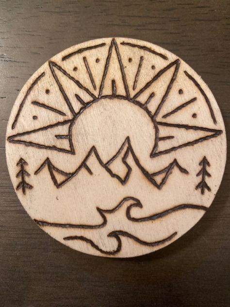 Sunny forrest wood burning idea Beginner Wood Burning Ideas, Drawings For Wood Burning, Designs For Wood Burning, Wood Burn Tree, Wood Burning Easy Ideas, Easy Wood Engraving Ideas, Word Burning Ideas, Wood Burning Pen Projects, Easy Woodburning Ideas Diy Gifts