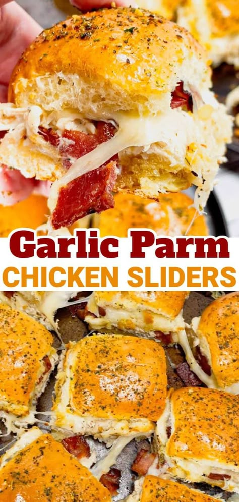 Garlic Parmesan Chicken Sliders are a delicious mini sandwich recipe loaded with shredded rotisserie chicken, bacon, provolone, mozzarella, cream cheese and Buffalo Wild Wings Parmesan Garlic Sauce. Recipes Using Provolone Cheese, Rotisserie Chicken Sliders Recipes, Buffalo Chicken Sliders Hawaiian Rolls, Rotisserie Chicken Sliders, Shredded Chicken Sliders, Chicken Sliders Recipes, Mini Sandwiches Recipes, Parmesan Garlic Sauce, Sandwich Sliders