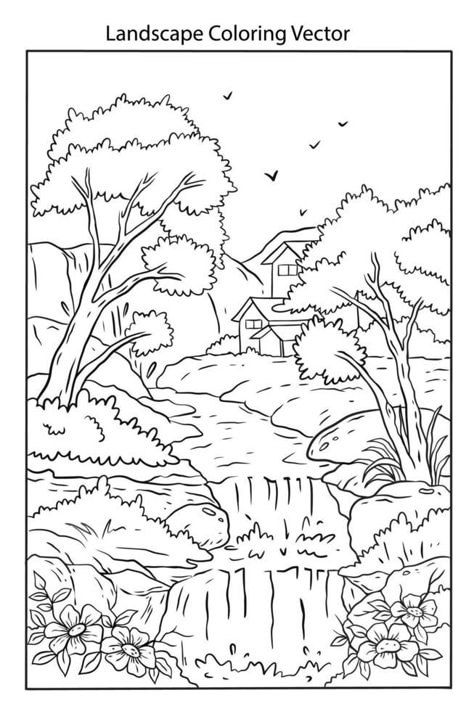 beautiful landscape coloring page vector Coloring Pages Landscape, Landscape Coloring Pages, Kids Christmas Coloring Pages, Coloring Pages Nature, Monster Coloring Pages, Nature Sketch, Pattern Coloring Pages, Detailed Coloring Pages, Coloring Page Ideas