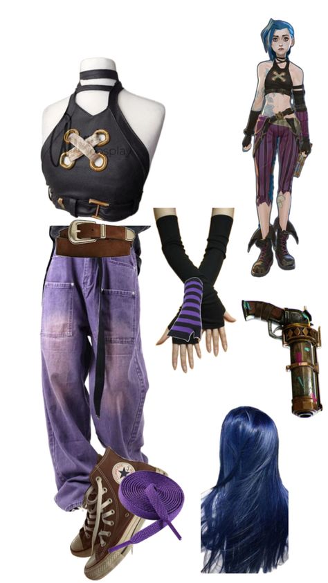 Arcane Jinx Inspired Outfits, Vi Arcane Inspired Outfit, Jinx Aesthetic Outfit, Arcane Style Clothes, Jinx Inspired Outfit Ideas, Jinx Outfit Ideas, Undercity Arcane Outfits, Jinx Arcane Outfit, Jinx Inspired Outfit