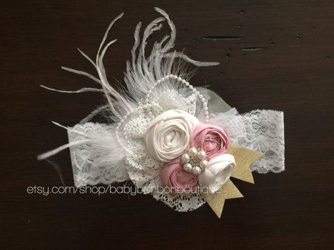 flower girl headband, baby headband, ivory rosette headband, ivory rosette sash, baptism headband, vintage headband Headband Sizes, Baptism Headband, Flowers Headband, Rosette Headband, Flower Girl Headband, Headband Tutorial, Flower Girl Headbands, Lace Headband, Shabby Chic Crafts