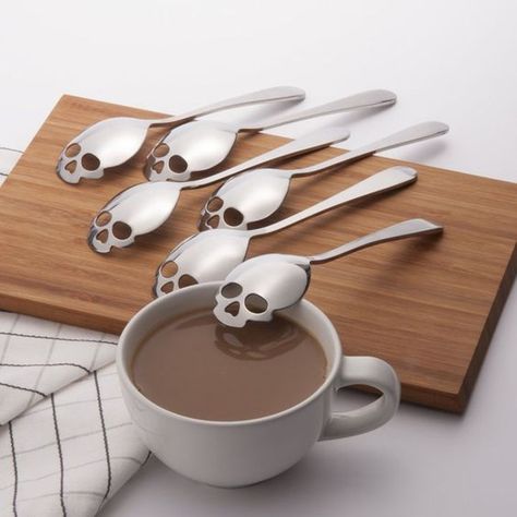 Skull Spoons — Spooky and stylish accents for a Halloweeny home | Halloween decor, Halloween decorations, Halloween entertaining, skulls, home decor, kitchen decor, kitchen utensils Home Staging Ideas, Farmhouse Living Room Design, Coastal Bathroom Design, Spooky Kitchen, Skull Shape, Steel Flowers, Halloween Kitchen, Coffee Scoop, Sugar Spoon