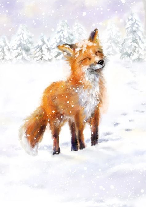 Fox In Winter, Happy Fox, Fox Art Print, Fox Images, Fox Painting, Fox Gift, Fox Illustration, Winter Images, Painting Classes